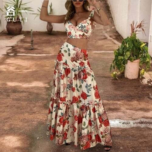 Printed Boho Sexy Beach Dresses Set Plus Size Summer 2 Piece Set Women Crop Top + High Waist Long Skirt Set Maxi Matching Sets