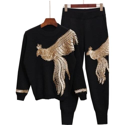 New Fashion Sequined Beaded Long Sleeve Loose Knitting Tops And Casual Pant Females Two Pieces Set Vestido