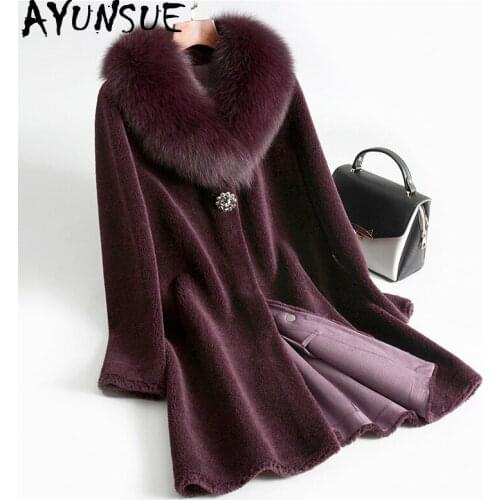 AYUNSUE Real Fur Coat Female Sheep Shearling Fox Fur Collar Wool Coats Winter Jacket Women Suede Leather Long Jackets S1120