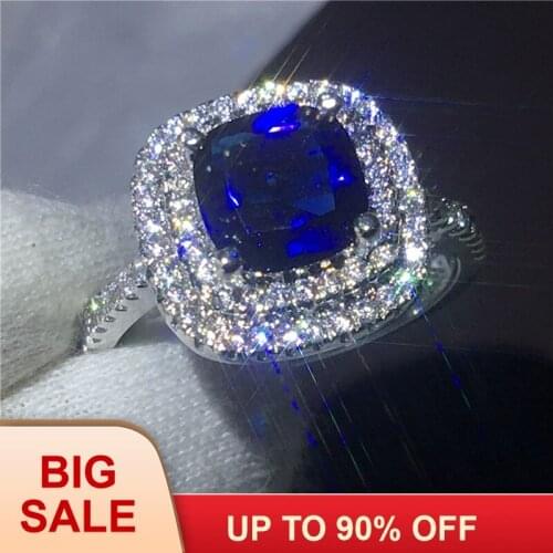 Women Fashion cushion cut 3ct Blue 5A zircon crystal Silver color Engagement wedding band ring for women Bijoux