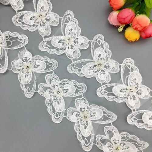 10pcs Lace Butterfly Embroidered Rhinestone Organza Handmade Butterflies Trim Applique Ribbon Fabric Wedding Dress Sewing
