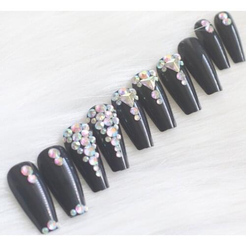 24pcs latest candy long ballet handmade crystal diamond fake nails sexy black