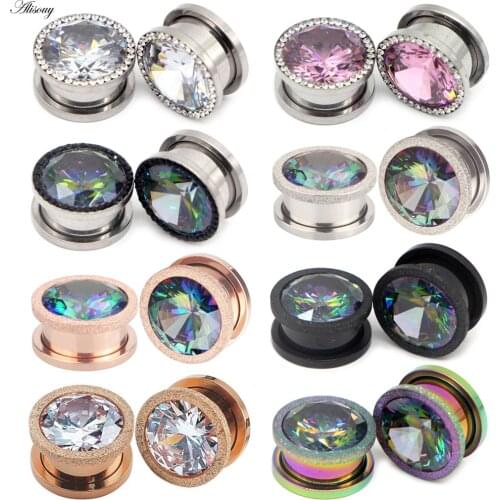 Alisouy 2pc Stainless Steel Top Quality Crystal Zircon Ear Tunnels Plug Screw Fit Colorful Ear Flesh Gauge Ear Expanders Jewelry