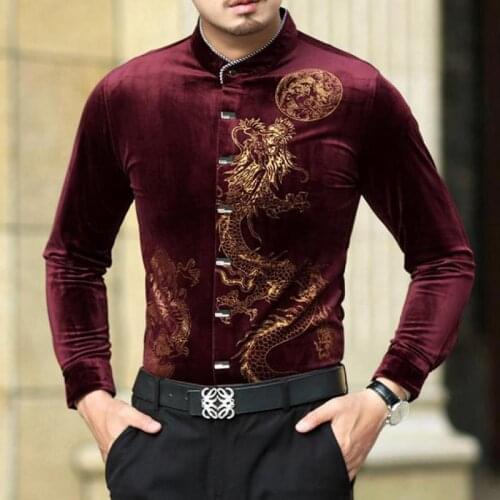 Claret Mandarin Collar Gold Dragon Velour Mens Shirts Gentleman Blue Velvet Elegant Clothing Mens Large Size Burgundy Dad Shirts