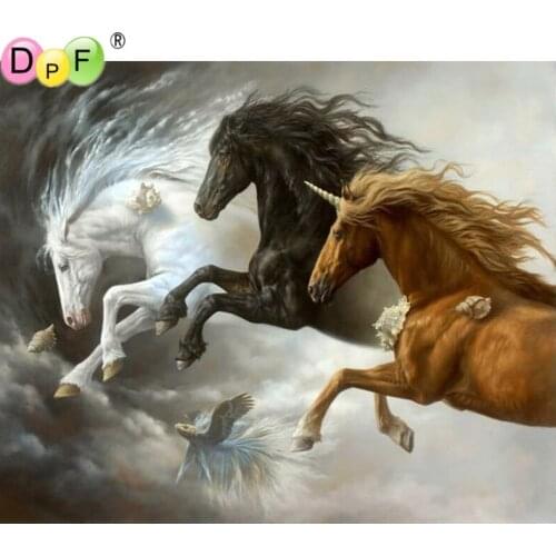DPF 5D Round full Diamond painting black white horse Cross Stitch Diamond Embroidery Needlework diamond Mosaic decor crafts
