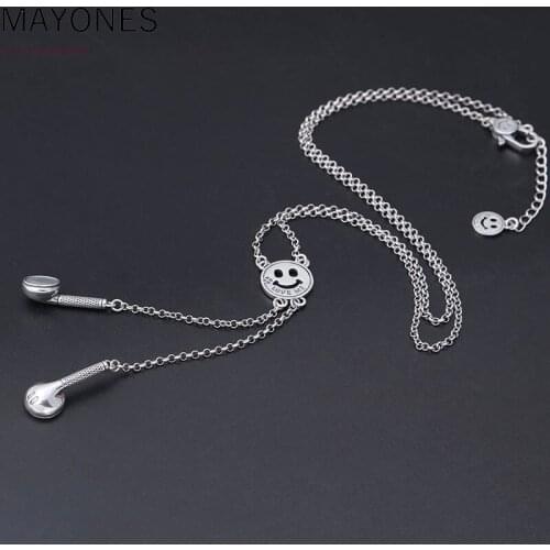 3mm Indian Necklace Chain 100% Real 925 Sterling Silver Women Smiley Face Headset Long Best Friend Necklace Pendant Jewelry 2019