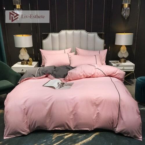 Liv-Esthet Women Modern Pink 100% Cotton Bedding Set Solid Soft Bed Linen Set Queen King Duvet Cover Pillowcase Flat Sheet