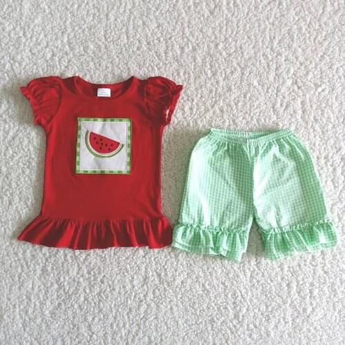 Fashion Summer Kids Boutique Outfits Girl Red Cooton Top Seersucker Shorts Set Toddlers Watermelon Embroidery Clothes