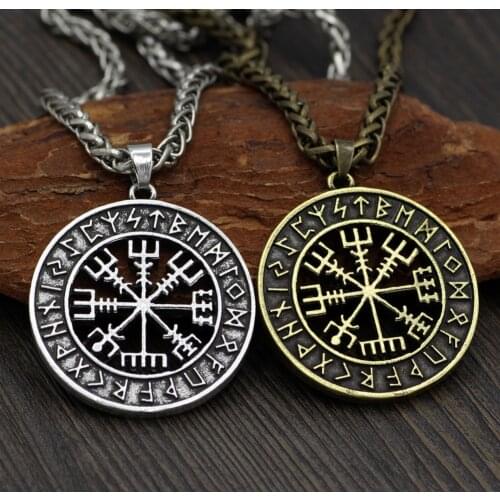 Retro Nordic Viking Runavin Odin Logo Compass Pendant Necklace Mens Trendy Jewelry Long Amulet ожерелье collier femme