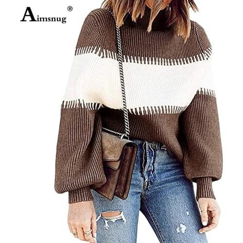 Aumsnug Sweater Femme Autumn 2020 Leisure Casual Long Sleeve Patchwork Color Top Pullovers Knitted Sweaters Women Warm clothing