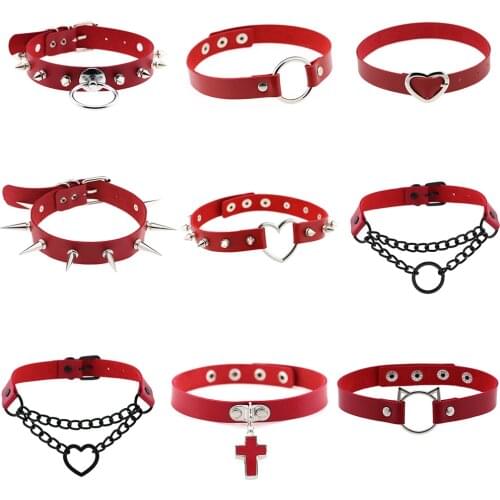 Harajuku Red Leather Chocker Sexy Heart Round Cross Spike Rivets Choker Necklace For Women Punk Gothic Bondage Cosplay Jewelry