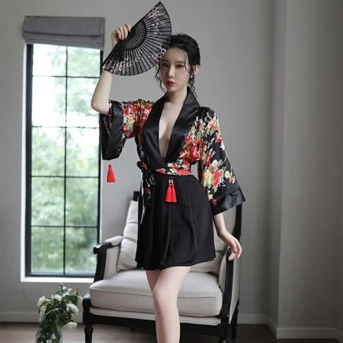 Sexy underwear Japanese uniform sexy temptation suit chiffon bathrobe transparent pajamas robe kimono embroidered suit