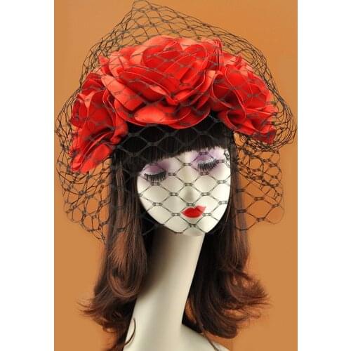 Large Flower Face Veil Hairband For Women Red Satin Flower Black Mesh Wide Hairband Bridemaid Wedding Evening Party Headdress