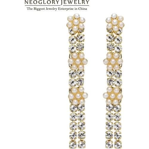 Neoglory Light Yellow Gold Color Auden Rhinestone Simulated Pearl Romantic Long Earrings for Women Jewelry 2020 New Gift PE1 QC4