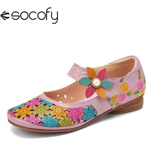 SOCOFY Women Retro Style Flowers Decor Flat Shoes Hollow Out Cowhide Leather Comfy Breathable Wearable Casual Outdoor Flat Shoes
