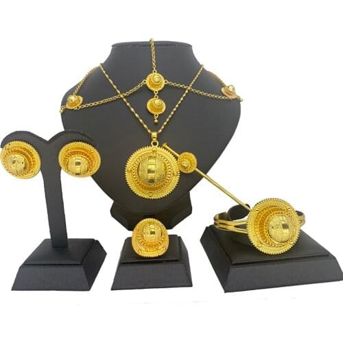 Bridal Jewelry Sets Pure Gold Color African Ethiopian Wedding Earrings Necklaces Rings Headdress Set Habesha Style