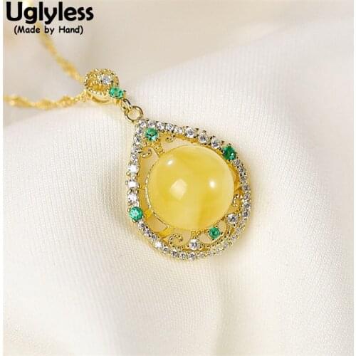 Uglyless Elegant Water Drop Amber Necklaces for Women Beeswax Gemstone Pendants +Chain Sparkly Crystals Dress Jewelry 925 Silver