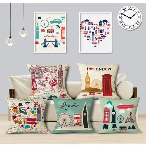 New British Style London and Frence Home Decorative Sofa Cushion Cover Throw Pillow Case Vintage Cotton Linen Square Cute