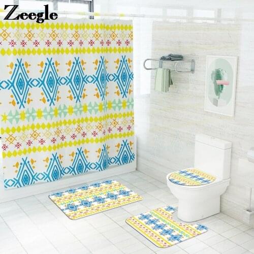 Zeegle Waterproof Shower Curtain Bathroom Carpet Rug Print Bath Mat Set Home Decor Toilet Seat Cover Mat and Non-slip Floor Mat