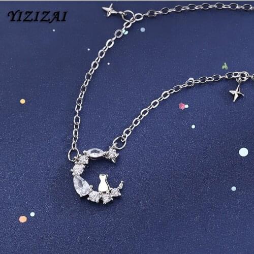 YIZIZAI Cute Cubic Moon Star Cat Pendant Necklace Silver Color Clavicle Zircon Chain Jewelry For Women