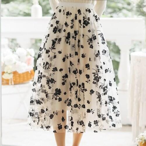 Black 3D Floral Lace Embroidered Skirt Ladies Spring 2021 New Mesh Skirt Women Elegant Tulle Skirt Sweet Student College Outfit
