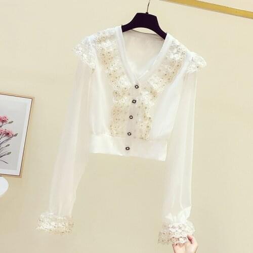 Lace Ruffles Patchwork Women White Shirts Summer New V-Neck Long-Sleeved Short Empire Office Lady Elegant Outwear Tops