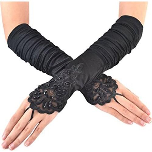 Women Gloves Long Red Ruffles Satin Dance Gloves Lace Appliqued Beaded Lady Music PerformParty Glove With Finger Elbow Length