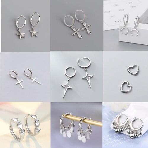 925 Sterling Silver Tassel Round Heart Cross Star Moon Stud Earrings For Women Romantic Wedding Jewelry Brincos Pendientes A001