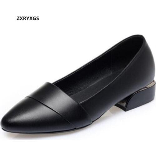 Best Sale 2021 Spring New Shoes Women Genuine Leather Shoes Black Beige Thick Heel Shoe Low Heels Banquet Work Casual Shoes