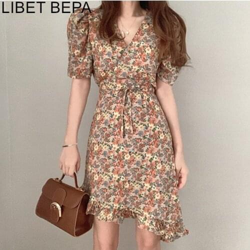 2021 New Summer Women Dresses V-Neck High Waist Print Floral Lace Up Draped Casual Irregular Chiffon Vintage Mini Dress DR2079A