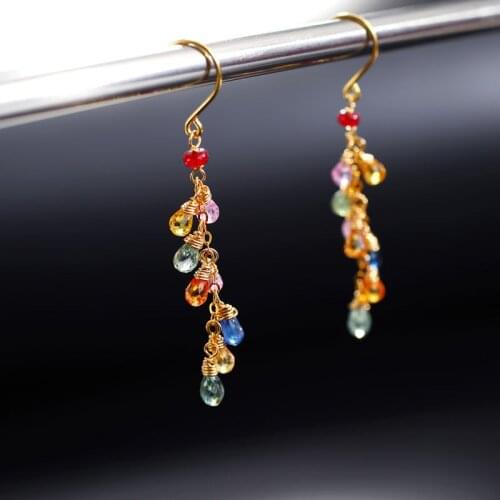 DMBS338 Colorful sapphire yellow 18K gold earrings female Genuine Gemstones long earrings gift for girlfriend earrings