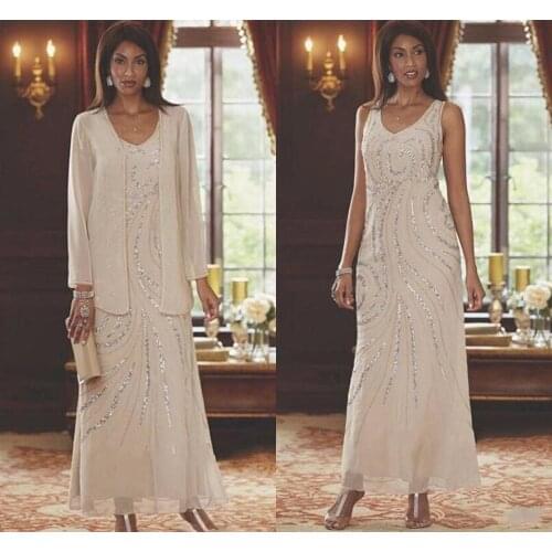 Elegant Mother of the Bride Dresses with Jacket Beading Sequins Wedding Guest Gowns 2020 Ankle Length Plus Size Mothers Dress