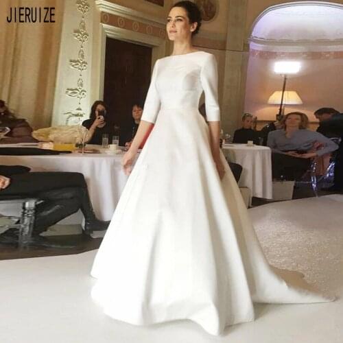 JIERUIZE Modern White Wedding Dresses O Neckline Half Sleeves Open Back Bridal Gowns Robe de Mariage Cheap Satin Bride Dresses
