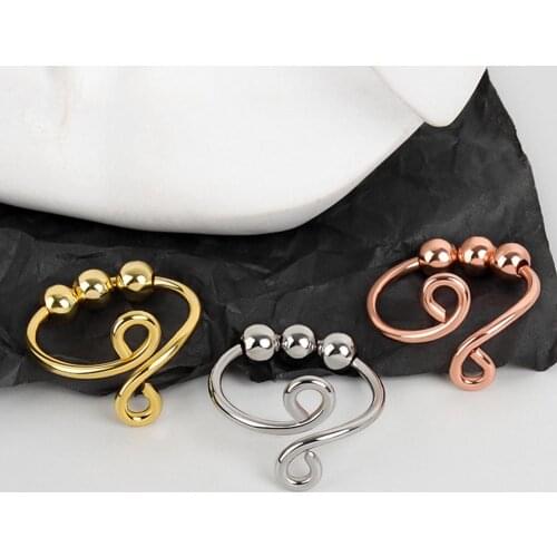 Single Coil Spiral 3 Beads Rings Women Men Rotate Freely Anti Stress Anxiety Ring Spinning Adjustable Knitting Crochet Rings