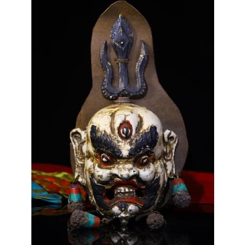 10"Tibet Temple Collection Old Bronze Engraved Tracing Three-eyed Mahakala head statue mask With cowhide Town House