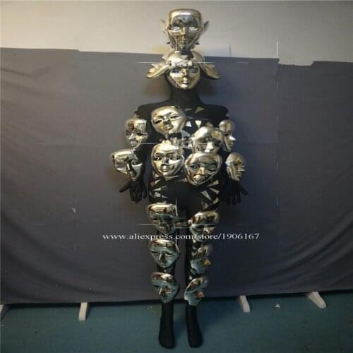 Nightclub Stage Performance Mirror Clothes Skull Headwear Grand Event Costume Halloween Party Evening Catwalk Dance Skull Suit
