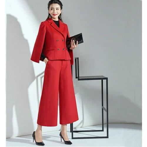Winter Red Cape Wool Suit Women New Ladys Autumn Nine Wide Leg Pants Red Fashion Temperament Two-piece Set