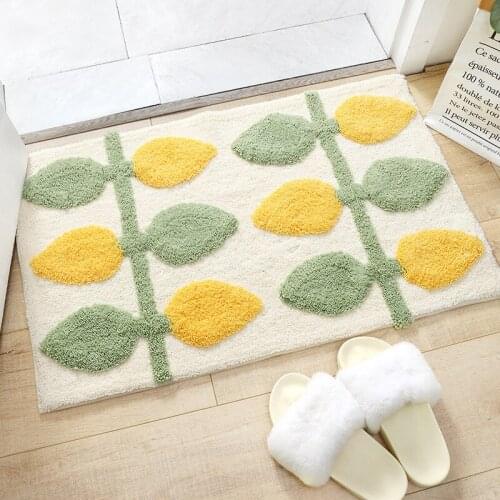 Green Leaves Flocking Bath Mat Non-slip Absorbent Microfiber Bathroom Rug Home Entrance Door Mat Super Soft Bath Carpet