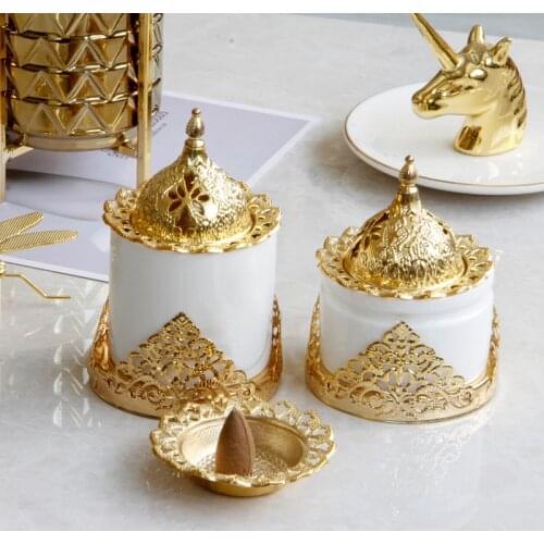 Creative golden Wrought Iron Ceramic Combination Incense Burner Aroma Diffuser Home Decoration Ornaments