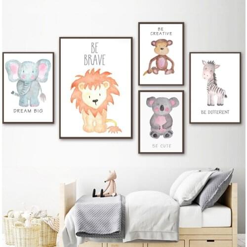 Cute Cartoon Animal Decorative Picture Be Brave Be Creative Childrens Room Kindergarten Frameless Canvas Painting Wall Art Kids
