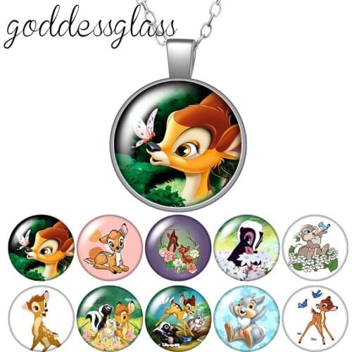 Cute Bambi Forest friends Flower Round Glass glass cabochon silver plated/Crystal pendant necklace jewelry for Gift