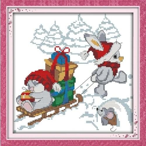 Lovely Christmas rabbit cross stitch kit cartoon 11ct count print canvas stitches embroidery DIY handmade needlework plus