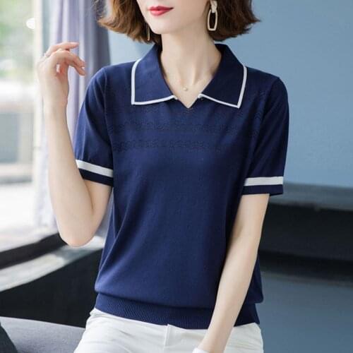 Fashion Turn-Down Collar Short Sleeve Knitted tops Women Summer Stripe Patchwork T-Shirt Casual Mom 's Hollow Out Knitwear Tee