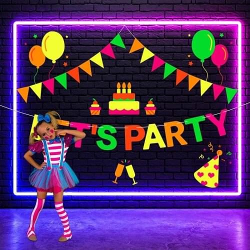 16Pcs Neon Paper Lets Party Banner with A4 Neon Paper for Black Light Birthday Wedding Party Glow in The Dark Dance Party Decor