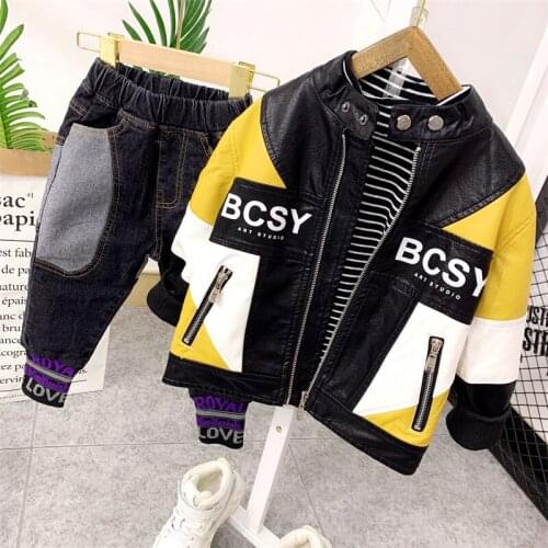 New Autumn Baby Boy Clothes Kids Clothes Sets PU leather jacket,T-shirts and jean Suit boys Clothing Set boys Leisure Suits