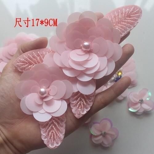 Pink big flower peal beaded patches embroidered sew on patch applique jacket patches for clothes parches para la ropa