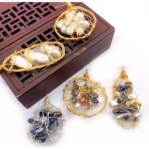 Natural Freshwater Pearl Pendant Hand-wound Hollow Paste Abalone Irregular Shape Handmade Decorative Jewelry Making DIY Necklace