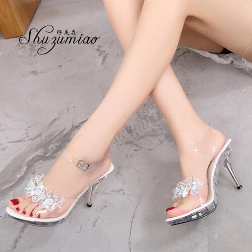 Transparent Rhinestone Sandals Women 2020 Sexy High Heels Ladies Banquet Wedding Shoes Fashion Show Summer Open Toe Woman Slippe