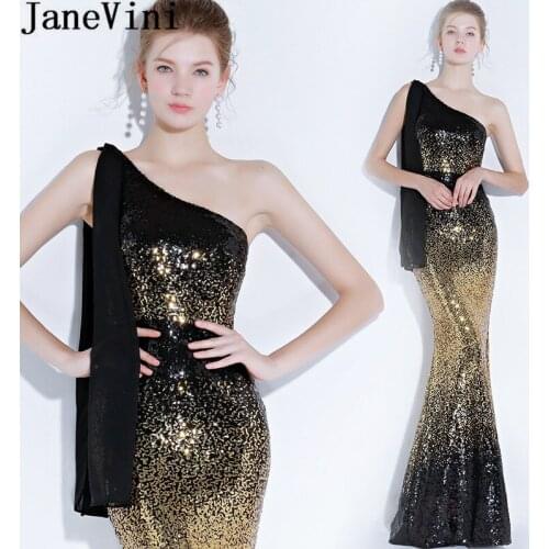 JaneVini Sexy Bling Sequins Mermaid Bridesmaid Dresses Long Gradient Black Gold One Shoulder Wedding Party Dresses Vestidos Dama