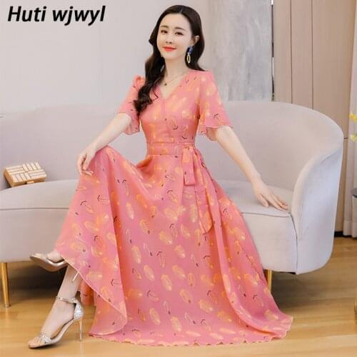 2021 Print Chiffon Beach Vacation Maxi Dress Summer Vintage 4XL Oversize Boho Sundress Elegant Women Bodycon Chic Party Vestidos